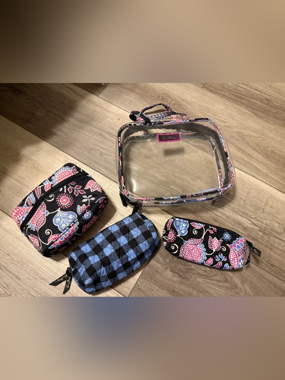 Vera Bradley Clear Travel Cosmetic Set in Black, Pink & Blue Paisley